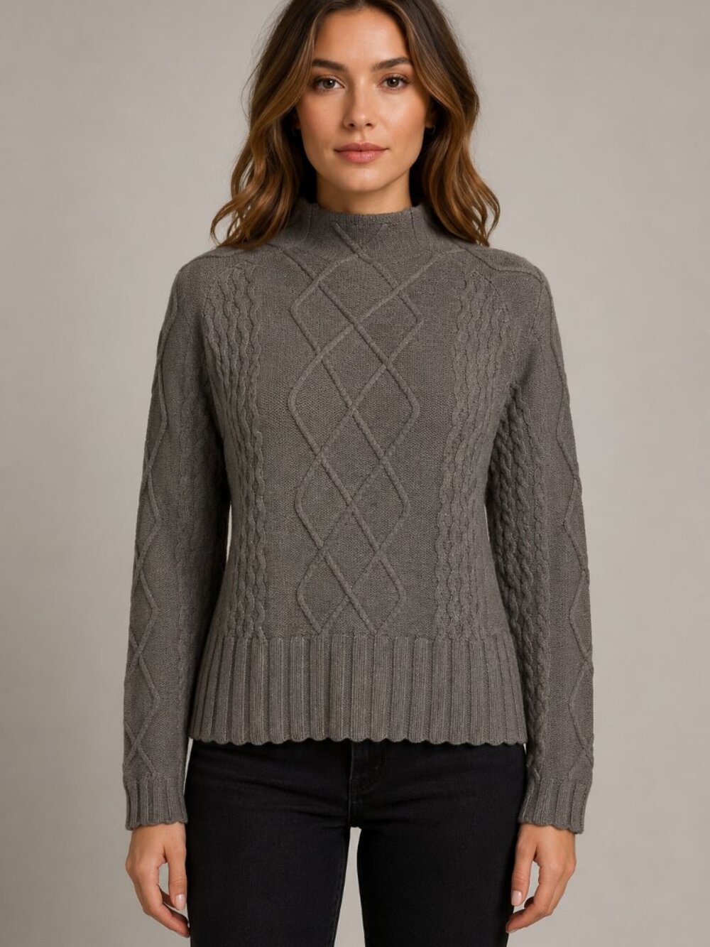 Cyrus Women’s Medium Gray Cable Knit Mock Neck Sweater Textured Ribbed Hem